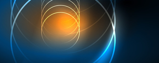 Trendy neon blue abstract design with waves and circles. Neon light glowing effect. Abstract digital background.