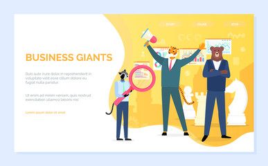 Business giants vector, businessmen serious hipster animals tiger and bear with megaphone chess figures and infocharts with information of project. Website or webpage template, landing page flat style