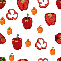Seamless pattern with bell peppers and bell pepper slices. Endless pattern with red and yellow sweet peppers on white background