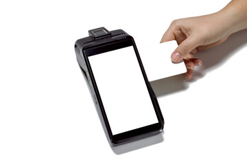 Merchant payment proccessing. Customer paying contactless with credit card on POS. Close up payment terminal isolated on white background. Mockup for branding. Concept for banking  and card payments.