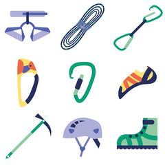 Climbing, hiking, trekking, camping, speleology and ice climbing equipment vector set. Vector flat icons