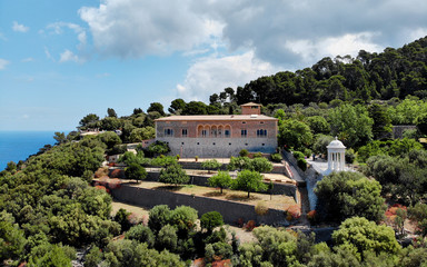 Aerial photo popular place for wedding venue old building exterior on hill white arbour for...