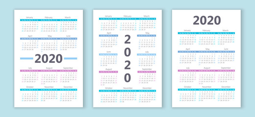 Vector calendar 2020 year. Week starts from Sunday