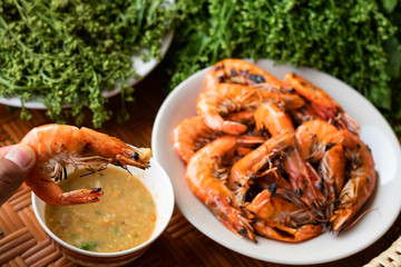 Fresh shrimp from freshwater with leaf of neem plant