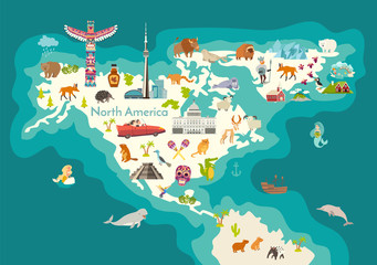 Weltkarte der Tiere, Nordamerika mit Sehenswürdigkeiten. Bunte Karikaturvektorillustration für Kinder und Kinder. Vorschule, Bildung, Baby, Kontinente, Ozeane, gezeichnet, Erde