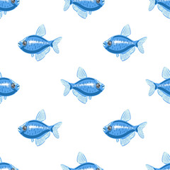 Blue fish seamless pattern. Cartoon style fish.