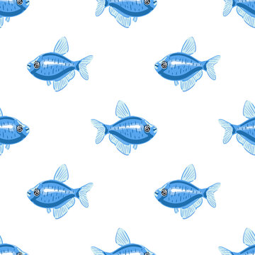 Blue fish seamless pattern. Cartoon style fish. © barbyturas