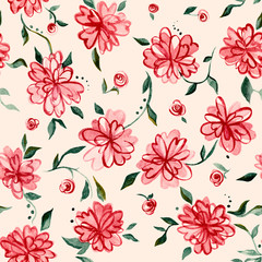 Seamless hand painted pattern with flowers and leaves. Floral ornament. Watercolor