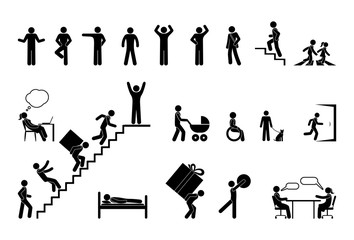 man icon, different situations, pictogram people, stick figure character set, climb stairs signs