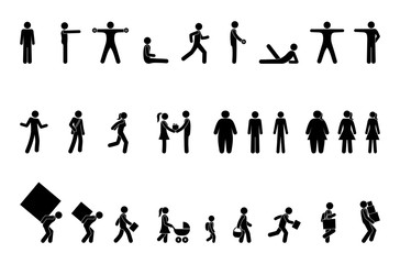 man icon, different situations, pictogram people, stick figure character set, sport and exercise, overweight and lifestyle, weightlifting