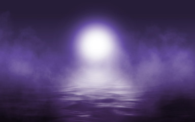 Empty dark background. The glow of the moon in the forest, moonlight through the trees in the forest. The reflection of moonlight in the water