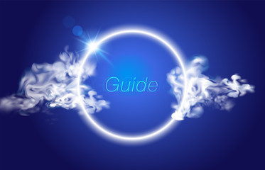 Group of smoke outside the circle lines glowing on a blue abstract background. Used for advertising, book covers, web, various advertising media.