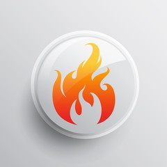 Flammable icon on the clear glass button Gray background. Vector EPS file.