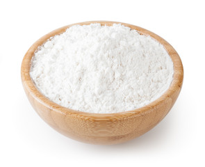 Fototapeta na wymiar White wheat flour in wooden bowl isolated on white background with clipping path