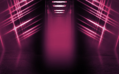 Empty space background. Open elevator doors. Neon light smoke. Empty dark scene background