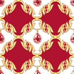 Seamless pattern with gems and golden scrolls