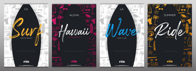 Set of Summer Surfing Posters for Surf Club or Shop with hand draw background and Surfboard.