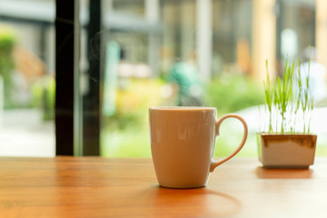 White ceramics coffee mug with smoke and small plant on wooden table in cafe.