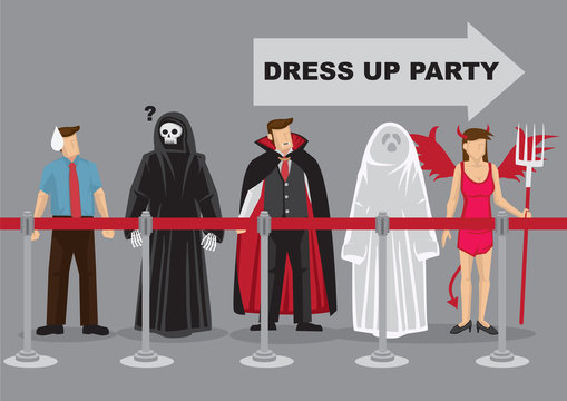 People in Fancy Costumes Waiting in Line for Dress Up Party Cartoon Vector Illustration