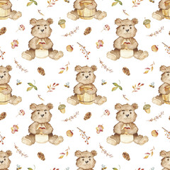 Watercolor seamless pattern with bear, hedgehog, honey, autumn leaves. Texture for wallpaper, fabric, autumn design, textile, packaging, baby shower, logo, prints, cover design, nursery.