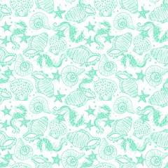 Green line art seahorse, starfish and seashell seamless vector pattern on white background.