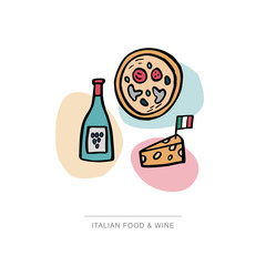 Italian traditional food and wine. Pizza, cheese and bottle of wine hand drawn illustration. Vector banner template