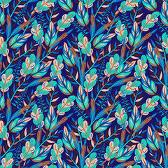 Floral seamless pattern with leaves of plants on blue backdrop. Vector hand drawn print