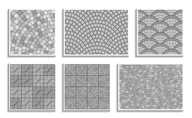 Set of grayscale seamless round pavement textures. Vector repeating patterns of radial stone material
