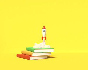 Toy rocket takes off from the books spewing smoke on a yellow background. Symbol of desire for education and knowledge. School illustration. 3D rendering.