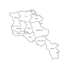Vector isolated illustration of simplified administrative map of Armenia. Borders and names of the regions. Black line silhouettes