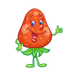 One cute strawberry. In cartoon style. Isolated on white background.