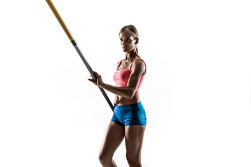 Power and beauty and purity. Professional female pole vaulter training on white studio background. Fit and slim female model practicing. Concept of sport, healthy lifestyle, action, movement, motion.