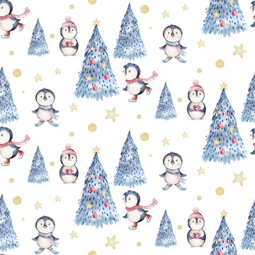 Watercolor seamless Christmas pattern with birds ,penguins, tree, snowflakes, branches. Penguin winter snow hand drawn
