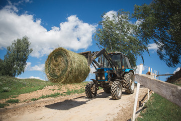tractor carries hay on a farm