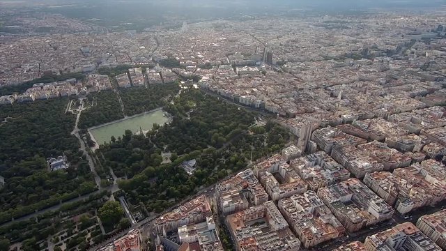 Cityscape skyline view of Madrid from the helicopter, Retiro Park