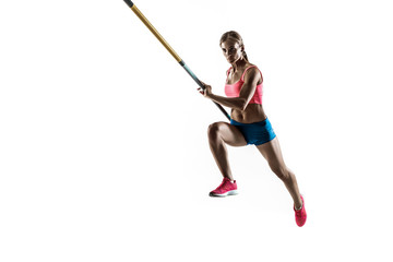 Power and beauty and purity. Professional female pole vaulter training on white studio background. Fit and slim female model practicing. Concept of sport, healthy lifestyle, action, movement, motion.