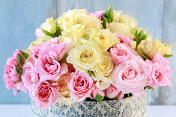 Bouquet of pink and yellow roses. Postcard motif.