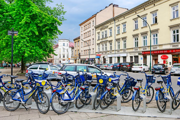 Fototapeta KRAKOW,POLAND - MAY 11, 2018: Bike station by the Krakowska street obraz