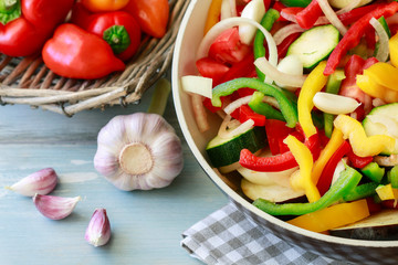 Mixed vegetables on frying pan.