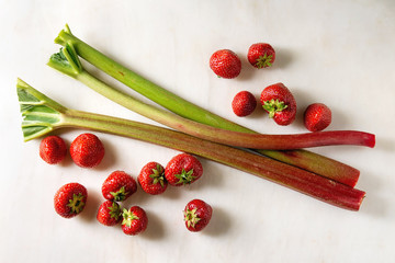 Fresh organic garden strawberries and rhubarb stems over white marble background. Flat lay, space. Ingredients for summer lemonade, jam or cake