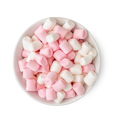 White and pink Fluffy marshmallows in bowl isolated on white background. Top view