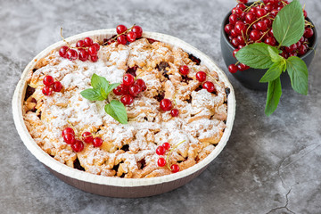 tasty homemade pie and fresh red currants in dark bowl on grey background