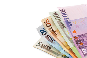 Euro cash. Many Euro banknotes isolated on white with copy space