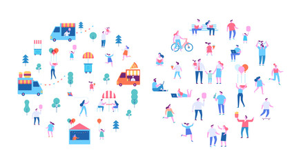 Summer food festival. Food street fair, family festival. People walking, riding bicycle, eating street food, have fun together. Flat vector poster and banner colorful design.