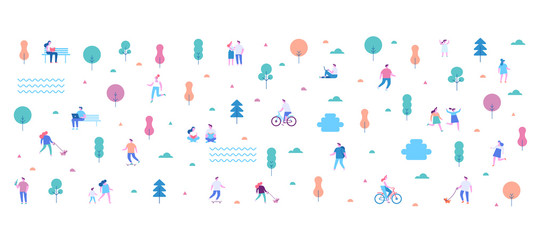 Various people at summer park. Leisure outdoor activities -walking, riding bicycle, eating street food, walking dog, playing. Background people characters. Modern Flat vector illustration.	