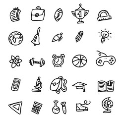 School Icons. Back To School. Hand Drawn Doodle Icon Set. Sketchy vector outline cartoon set of School objects and symbols. Freehand drawing school items