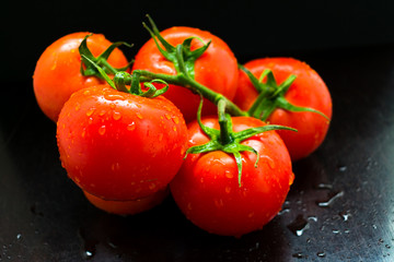 A branch of red tomato is isolating on a black background. close-up	