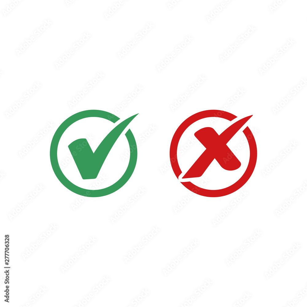 Fototapete Green check mark and red cross icon symbol template black color editable vector sign isolated on white background illustration for graphic and web design.