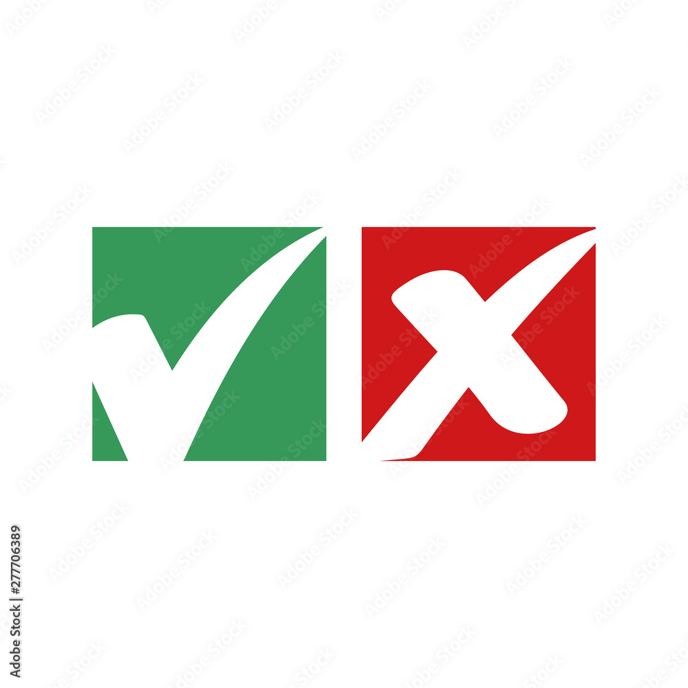 Fototapete green check mark and red cross icon symbol template black color editable vector sign isolated on whi