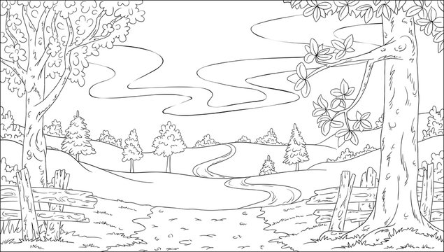 Coloring Book Landscape. Hand Draw Vector Illustration With Separate Layers.